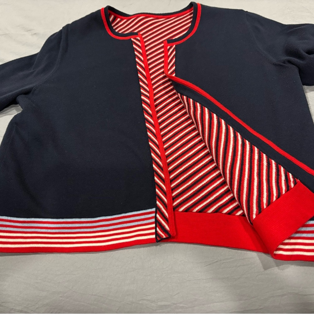 CAbi blue and red striped reversible sweater, size large. Thick soft material. - Picture 3 of 9
